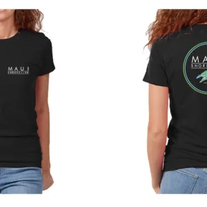 Front and back image of lady wearing black Maui Snorkeling Ladies T-Shirt