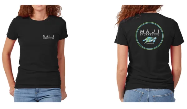 Front and back image of lady wearing black Maui Snorkeling Ladies T-Shirt