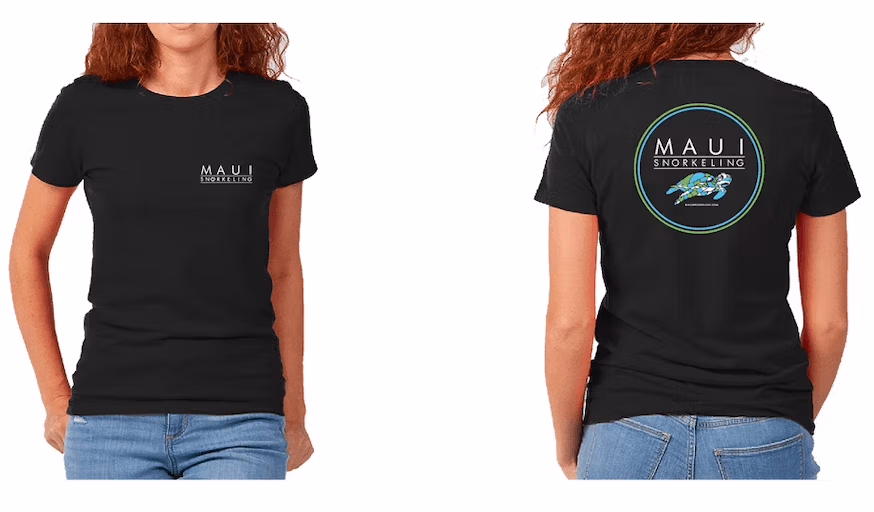 黒のマウイ シュノーケリング レディース T シャツを着た女性の前面と背面の画像
