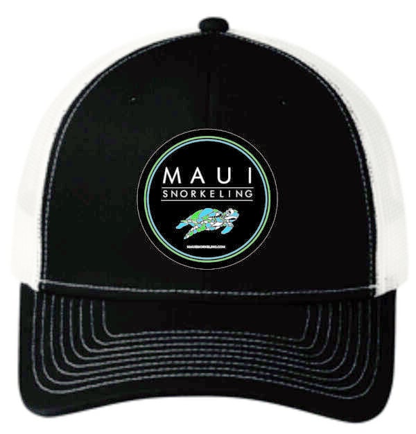 Maui Snorkeling Trucker Hat with Black bill and white mesh. The Maui Snorkeling logo is visible.