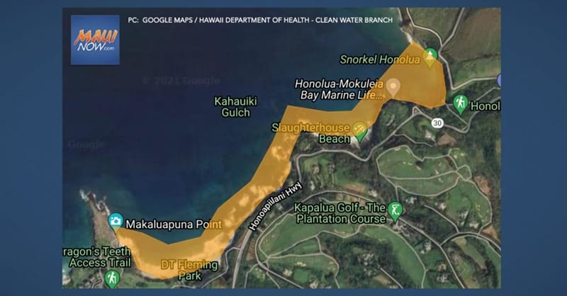 Beispiel einer Karte mit Warnhinweisen zu braunem Wasser auf Maui Karte, die einen Küstenabschnitt von Maui hervorhebt, für den eine Warnung vor braunem Wasser gilt.