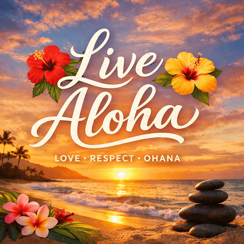 Bedeutung von „Live Aloha“ in der hawaiianischen Sprache Ein Live-Aloha-Sonnenuntergangsfoto vom Strand spiegelt die Bedeutung der hawaiianischen Sprache und die in der hawaiianischen Kultur gesprochene Sprache wider.