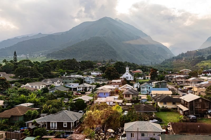 Aerial view of Wailuku town in Central Maui with the West Maui Mountains behind it