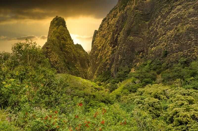 Iao Valley State Park Maui with lush green valley and rock formations