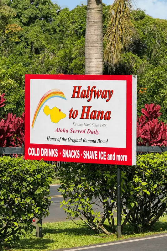 Halfway to Hana sign in Keanae Maui advertising banana bread and snacks