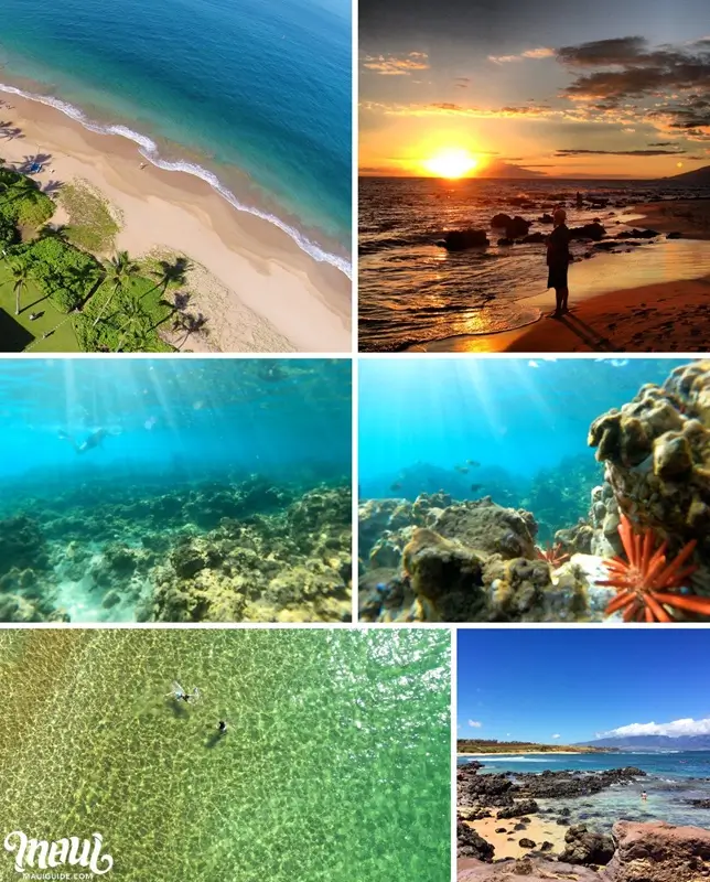 Collage of Keawakapu Beach Maui showing aerial shoreline, sunset, snorkeling reef, and clear water views