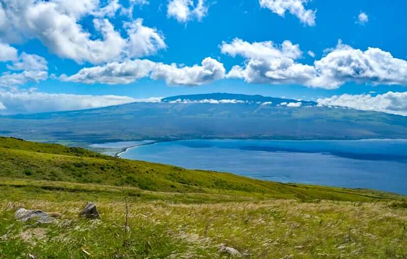 View from Lahaina Pali Trail Maui overlooking coastline, ocean, and neighboring island