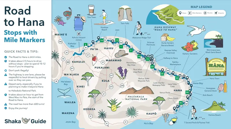 Illustrated map of the Road to Hana showing stops, mile markers, and key locations in Maui