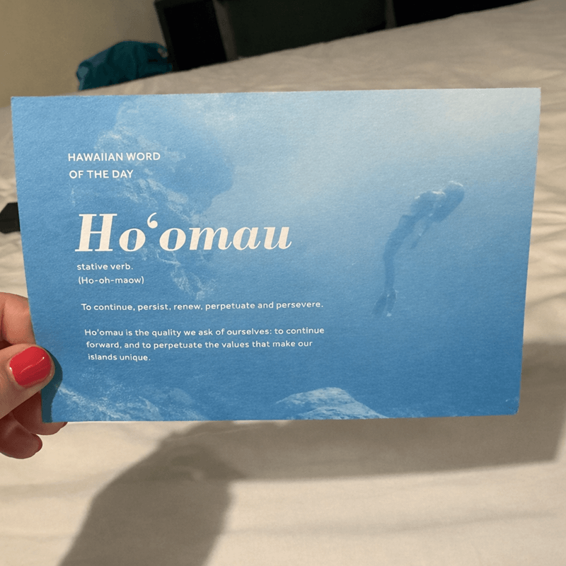 Hand holding a blue Hawaiian Word of the Day card featuring the word Ho‘omau and its meaning
