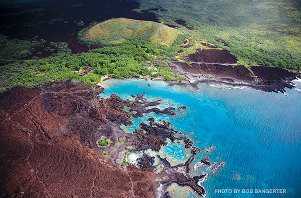 Ahihi Kinau Maui aerial view with lava coastline, blue water, and protected South Maui shoreline