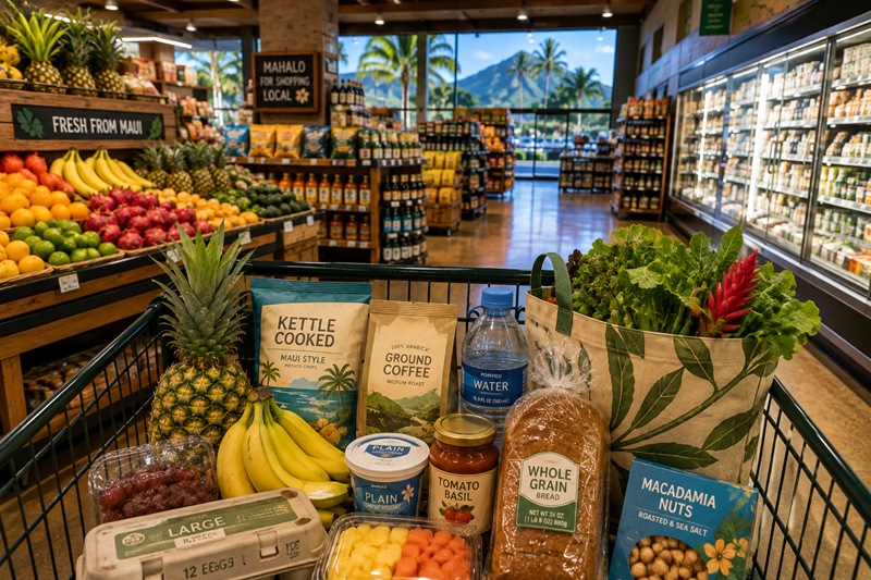 Shopping cart filled with groceries inside a Maui-inspired supermarket